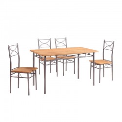 LORETO Set Τραπεζαρία Σαλονιού Κουζίνας: Τραπέζι + 4 Καρέκλες Μέταλλο Βαφή Silver / Φυσικό